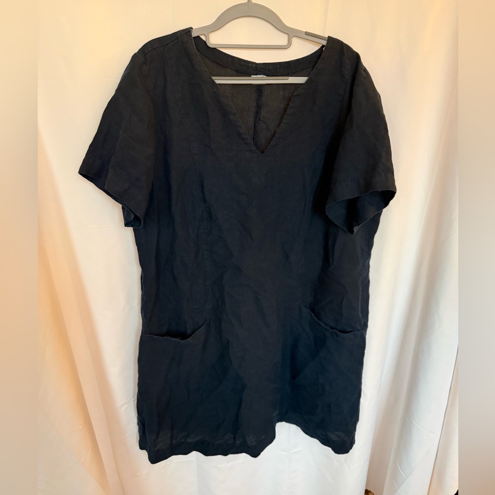 Len Ok Linen Shift Dress Short Sleeve V-neck Deep Navy Blue Womens Size XXL